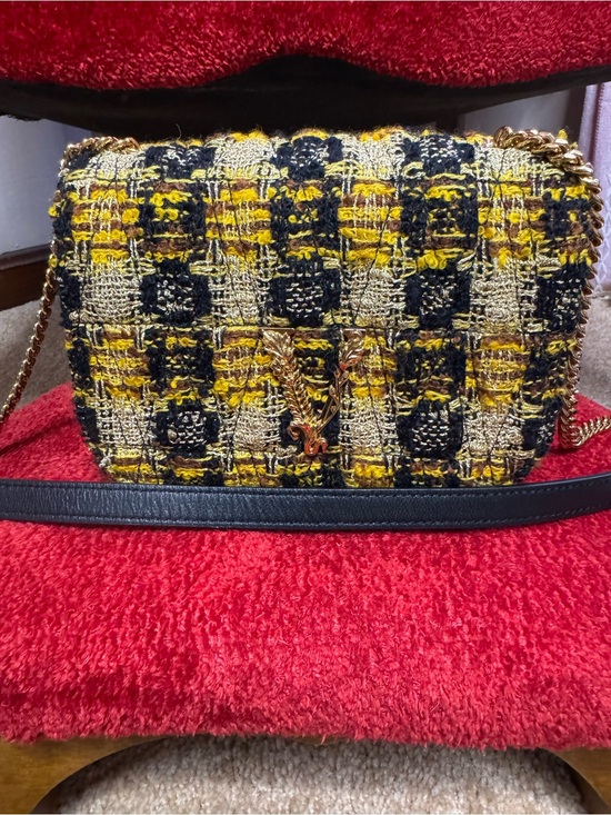 Handbags - Versace Virtus Yellow & Black Tweed Shoulder Bag with Gold Chain